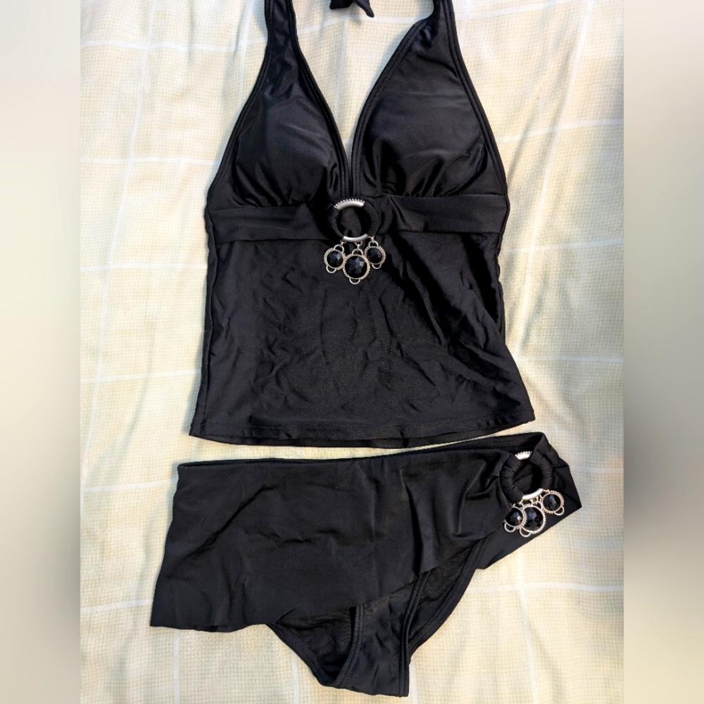 La Vie en Rose Black Halter Two Piece Bikini with Silver Accents